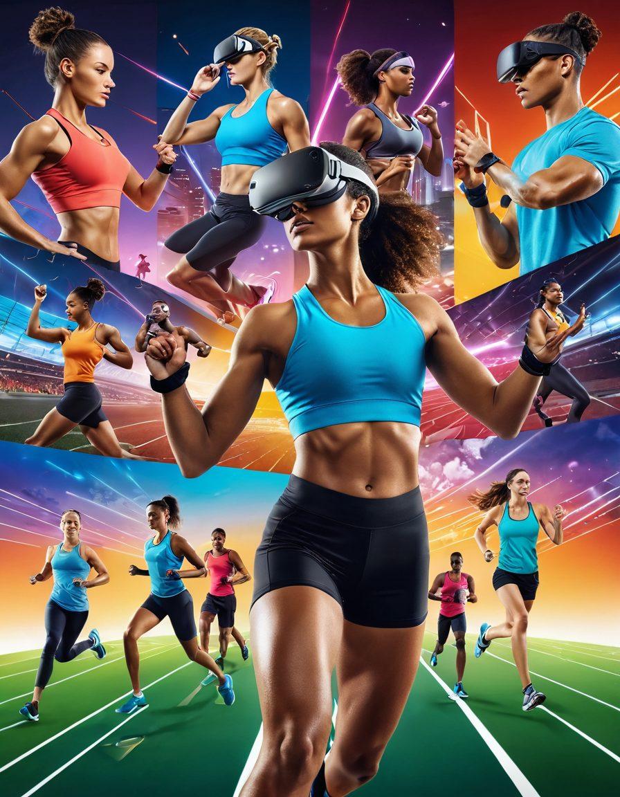 A dynamic collage showcasing diverse athletes engaged in various innovative fitness trends, such as virtual reality training, wearable tech devices, and group outdoor workouts. Include vibrant colors and energetic movements to convey a sense of excitement and transformation. The background features a futuristic sports facility and digital elements representing cutting-edge technology. super-realistic. vibrant colors. dynamic composition.