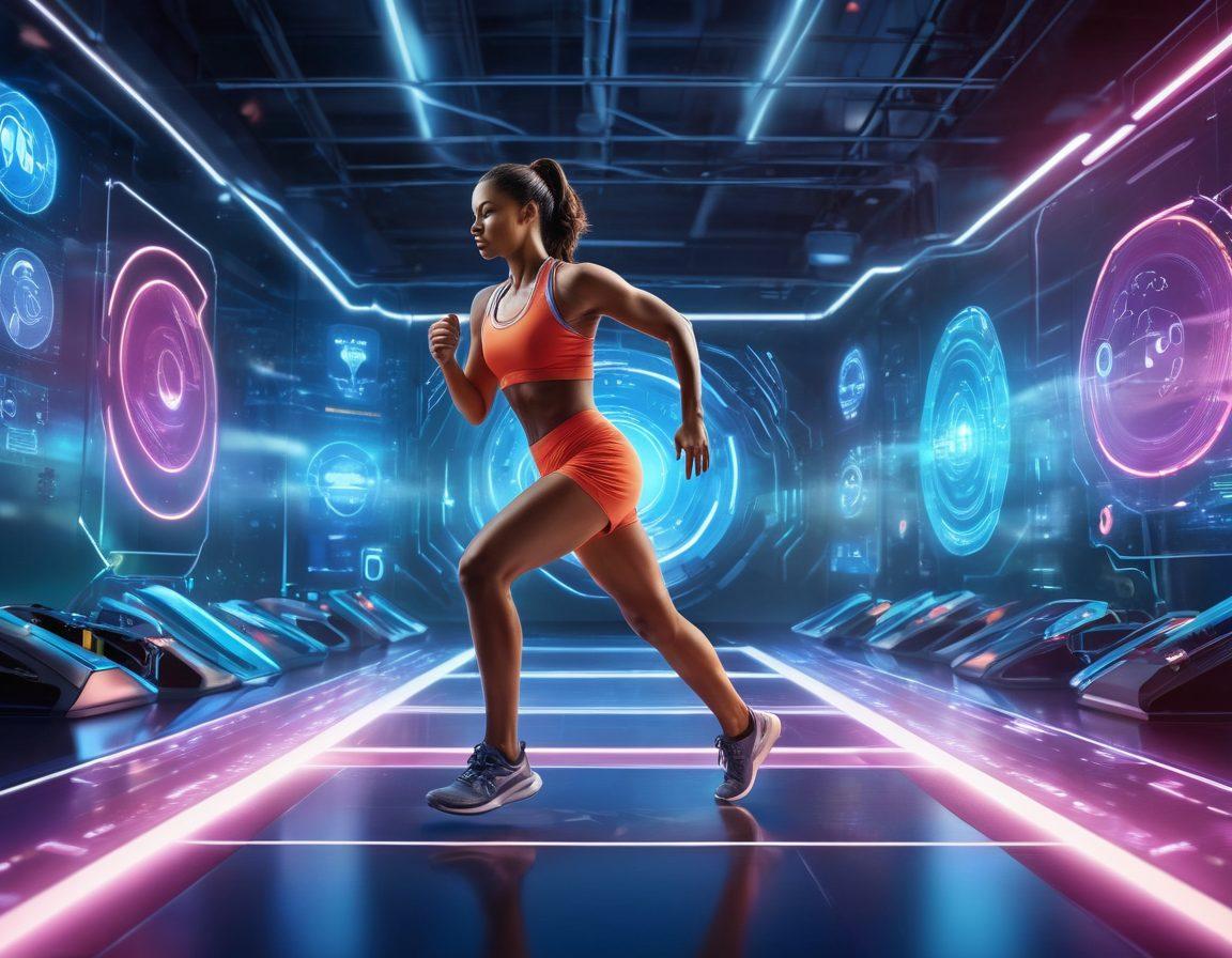 A dynamic athlete in motion, surrounded by holographic icons representing innovative training technologies and wellness tools. The background showcases an athletic training facility with bright, modern equipment. Infused with vibrant energy, the image highlights the fusion of traditional and cutting-edge athletic practices. super-realistic. vibrant colors. futuristic elements.