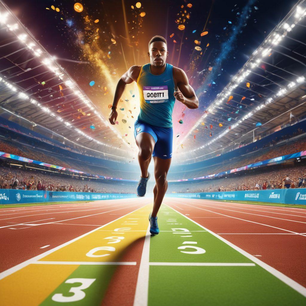 A dynamic athlete breaking through a finish line, surrounded by floating icons representing sports technology, nutrition, and mental health. Vivid colors illustrate energy and motion, while a background of a vibrant stadium signifies a competitive atmosphere. Bright rays of light enhance the feeling of excellence and achievement. super-realistic. vibrant colors. 3D.